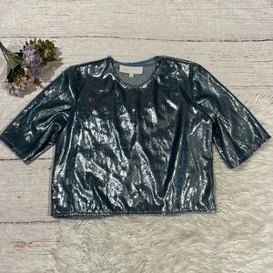 Michelle Mason Steel Blue Velvet Metallic Crop Open Back Top